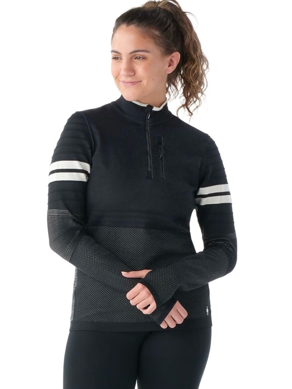 Smartwool Black Quarter-Zip Pullover with White Sleeve Stripes